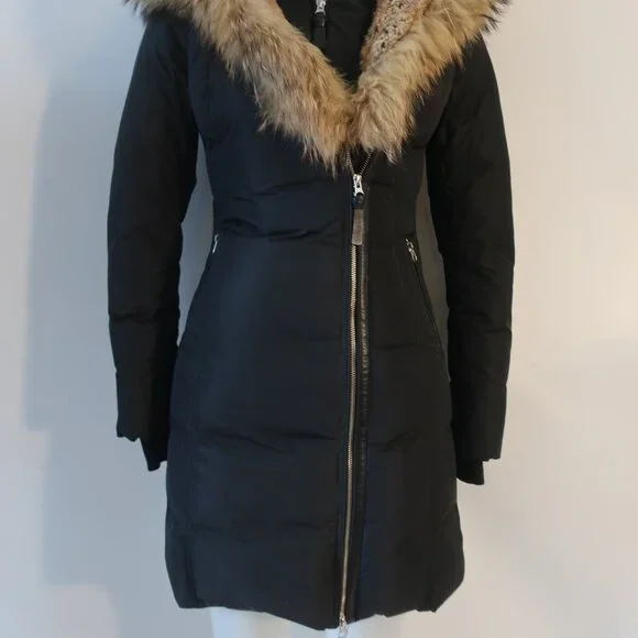 Womens Mackage Lavish Trish Black Fur Hood Trim Zip Duck Down Puffer Coat XS